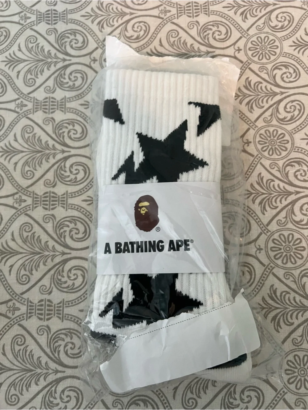 Bape White Crew Socks with Black Star Logo